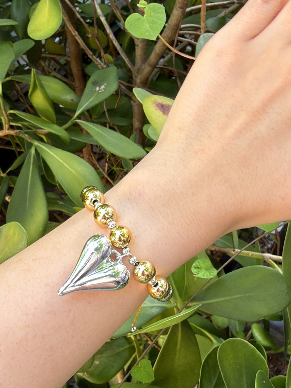 Gold Bead Bracelet with Silver Heart Pendant